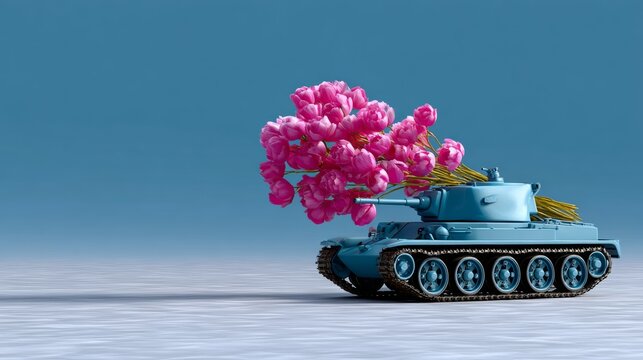 Toy tank with pink flowers on top of it