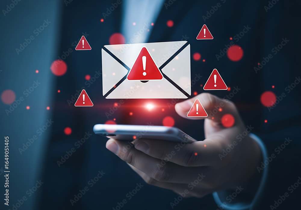 Poster man holding a smartphone with an email notification showing a warning alert symbol, indicating a pot