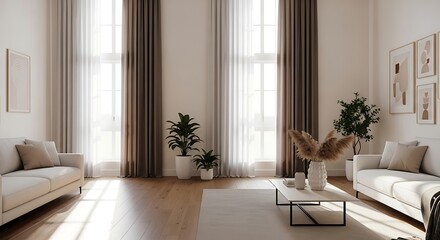 Fototapeta premium Bright and airy modern living room with natural light and minimalist decor concept