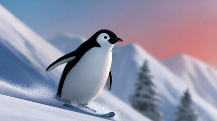 Penguin is skiing down a snowy mountain. The scene is peaceful and serene, with the penguin enjoying the winter sport