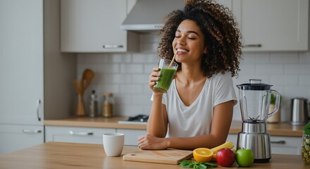 Happy woman enjoying a healthy green smoothie in her kitchen