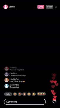 Social media live streaming interface with hearts, comments, LIVE badge, like fountain reactions and chat UI. Vertical smartphone interface for TikTok and Instagram. Transparent alpha MOV overlay.