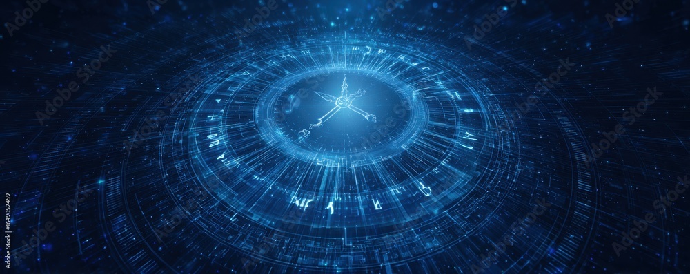 Poster futuristic digital clock interface with glowing blue holographic elements and abstract time concept 