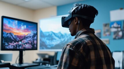Young man immersed in virtual reality experience using VR headset
