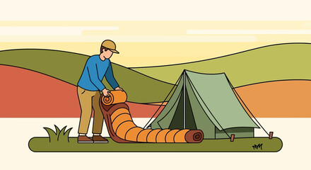 Obraz premium Preparation For Wilderness Adventure On Green Hills With Camping And Tent