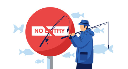 Rebellious Fisherman Defying Entry Sign With Optimism And Determination