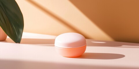 Compact balm container in soft peach, daylight-lit surface with Korean and English micro print Stock photo