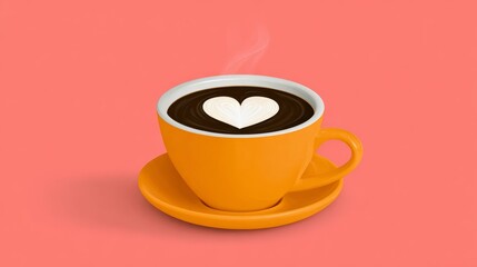 Obraz premium Cup of coffee with a heart drawn on it sits on a saucer. The coffee is hot and steam is rising from it. Concept of warmth and comfort, as well as a touch of creativity and playfulness