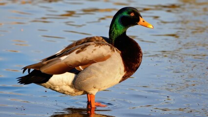 Male Mallard Duck in Calm Water, Vibrant Feathers, Golden Hour Light
