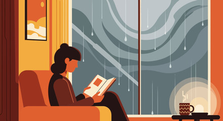 Quiet Afternoon Reading Inside During a Stormy Weather Illustration