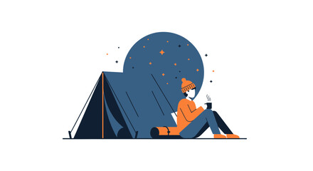 Relaxing Nighttime Camper Near Tent Under Starry Sky Illustration