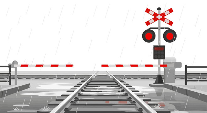 Railroad crossing with signal lights and barrier arm in a rainy weather landscape vector illustration depicting safety and transportation infrastructure