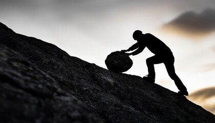 Determined Individual Defying Odds Silhouette of a Person Pushing a Boulder Uphill Towards Goals