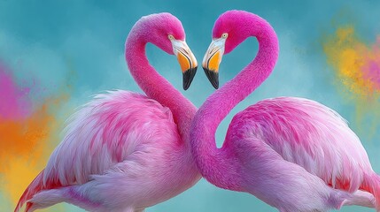 Naklejka premium Two pink flamingos are standing next to each other, their necks touching. The image has a warm and romantic mood, with the pink color of the flamingos and the blue sky in the background