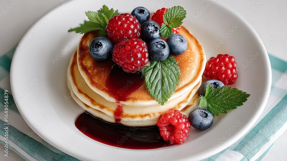 Poster stack of pancakes with blueberries and raspberries on top. the pancakes are covered in syrup and top
