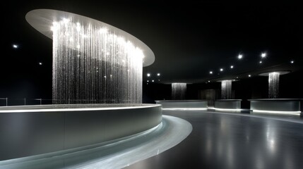Illuminated waterfall installation modern art gallery digital art contemporary environment wide-angle view visual serenity