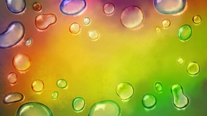 Hand-painted watercolor drops on rainbow background with empty space for text – colorful abstract illustration with liquid bubbles and soft texture for banner, poster, or digital design
