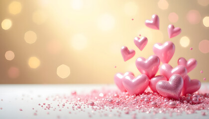 Pink hearts cascade over glitter, creating a romantic and lovely scene.