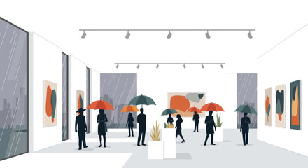 Obraz premium Rainy Day At The Art Gallery Brings Curious Visitors With Colorful Umbrellas