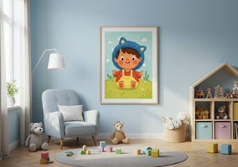 Nursery room with blue walls, a framed cartoon picture, and children's toys scattered around