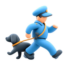 Animated Policeman Walking a Dog, 3D Rendering on transparent background, Cartoon Style