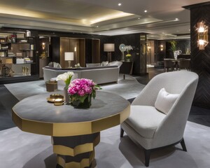 Luxurious hotel lounge interior design modern hospitality space elegant decor cozy ambiance high-end setting