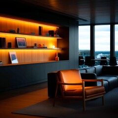 Cozy living space with modern design urban apartment interior photo warm lighting contemporary style