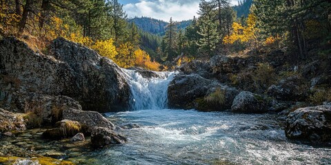 Crystal water plummeting into rocky basin, pine branches swaying in the breeze, wild mountain background Stock photo