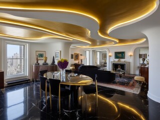 Elegant modern living room design with unique ceiling high-rise building interior architecture urban environment wide angle luxury concept