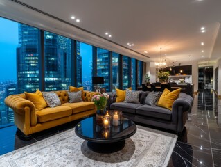 Elegant modern living room with city view high-rise apartment interior design urban setting nighttime ambiance