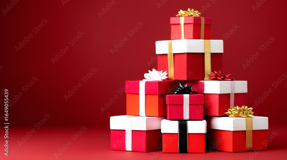 Aufkleber stack of red and white boxes with gold bows on top. the boxes are piled on top of each other, creati
