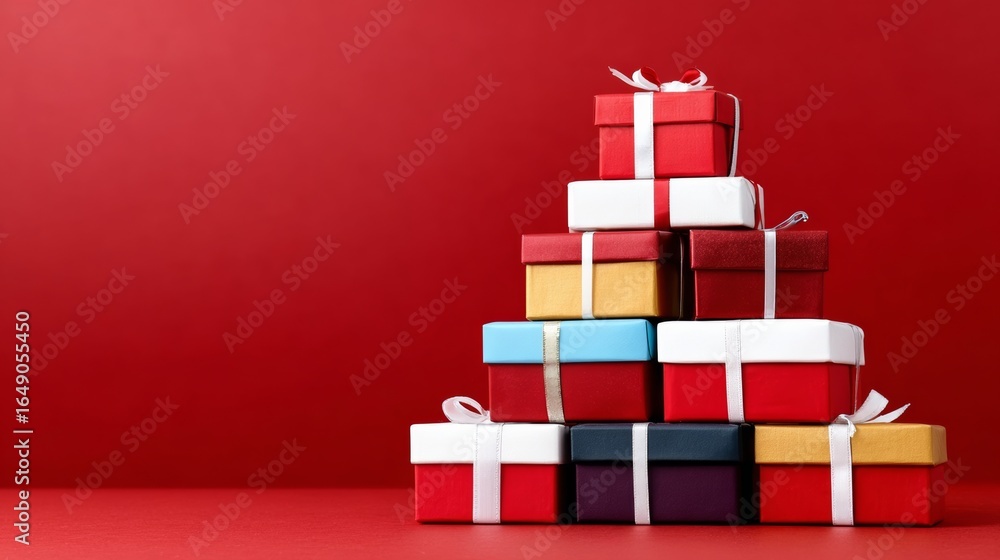 Aufkleber stack of colorful boxes with red bows on top. the boxes are of different sizes and colors, and they 