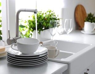 Fototapeta premium Clean dishes stacked by a faucet