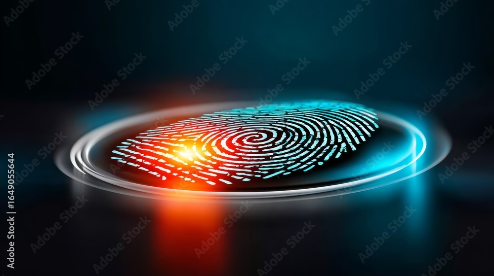 Poster digital image of a fingerprint with a red and blue background. concept of mystery and intrigue, as t