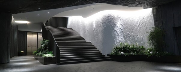 Architectural elegance modern staircase in urban office building interior design contemporary environment low angle view