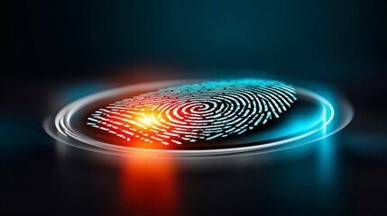 Digital image of a fingerprint with a red and blue background. Concept of mystery and intrigue, as the fingerprint is the only visible detail in the image