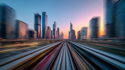 Fototapeta premium High-Speed Night Train Through Futuristic City – Motion Blur Photography