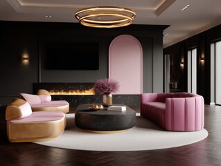 Stylish interior design living room modern apartment photography elegant setting wide-angle view contemporary aesthetic