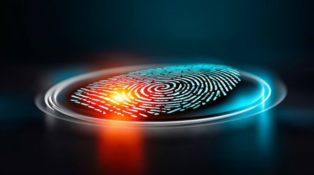 Digital image of a fingerprint with a red and blue background. Concept of mystery and intrigue, as the fingerprint is the only visible detail in the image