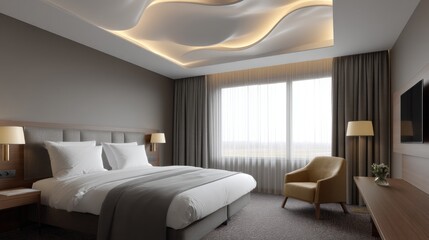 Contemporary hotel room interior design urban setting photography modern environment wide angle comfort and style