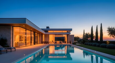 Obraz premium Serene twilight at a modern villa with a shimmering pool reflecting the sky