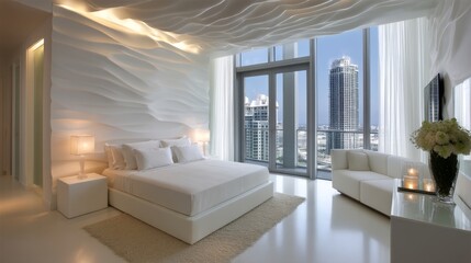 Elegant modern bedroom interior dubai interior design urban environment wide-angle view luxury concept