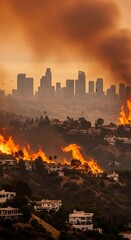 Obraz premium Los Angeles Cityscape Overlooking Wildfire, Homes in Flames