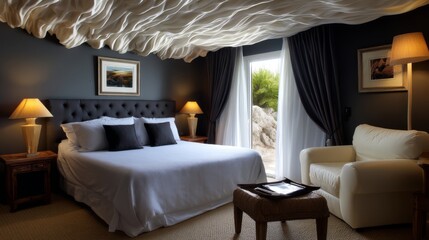Elegant bedroom interior design modern apartment photography cozy atmosphere wide angle comfort and style