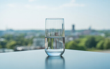 Glass of water half full on reflective surface with city background