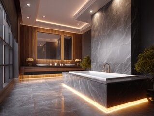Luxurious modern bathroom design urban apartment interior photography contemporary style aesthetic perspective tranquil ambiance