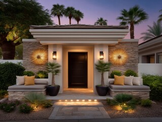 Elegant home entrance design modern residence exterior urban setting twilight view aesthetic appeal