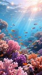 Naklejka premium Vibrant Coral Reef with Colorful Fish Under Sunlit Waters