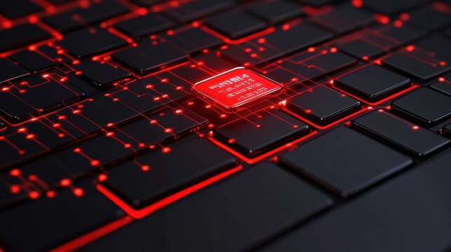 Cybersecurity: Red Alert!  Digital Keyboard with Illuminated Chip