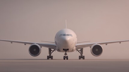 Naklejka premium A large commercial airplane is seen from the front, parked on a runway in soft, hazy light
